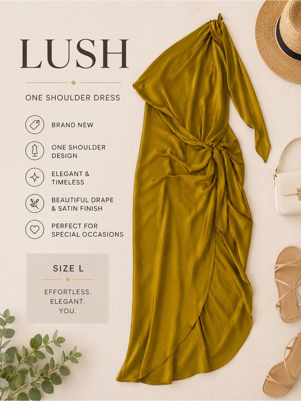 Lush One-Shoulder Satin Maxi Dress in Olive Green